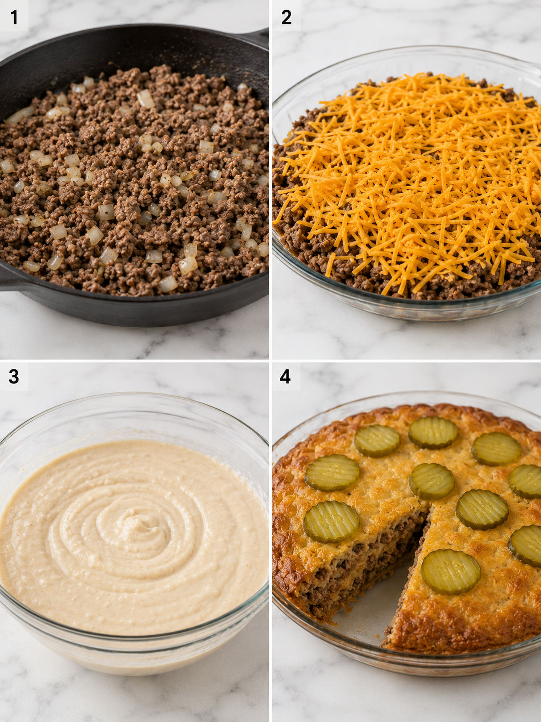 Steps for making cheeseburger pie from beef filling to baked slices