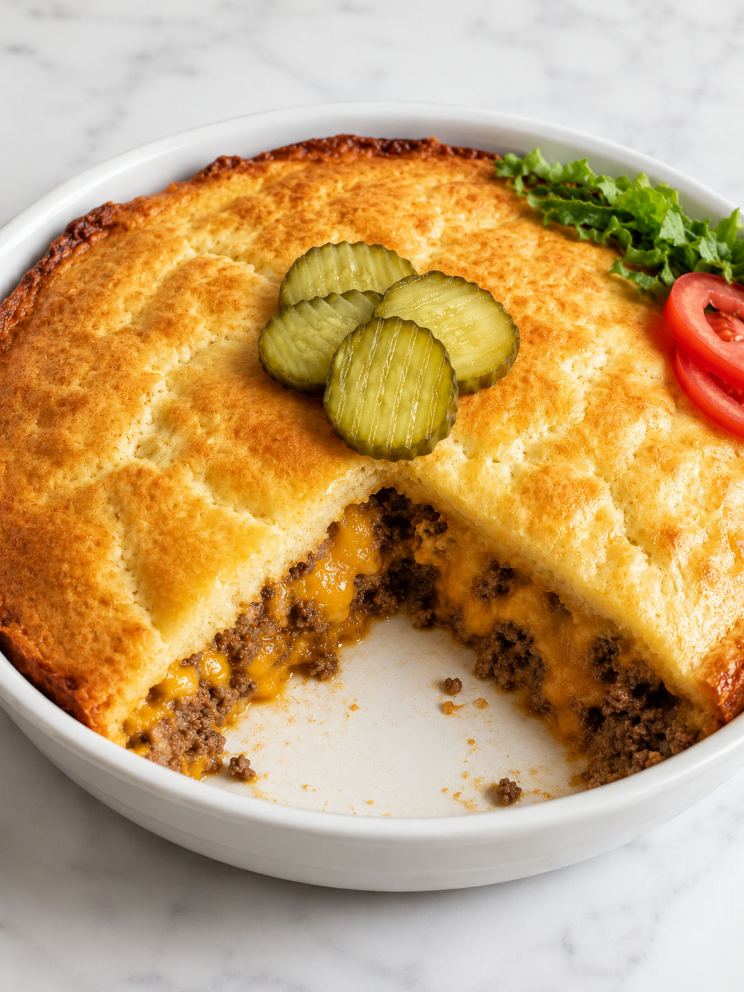 Golden cheeseburger pie slice with beef, cheddar, and pickles