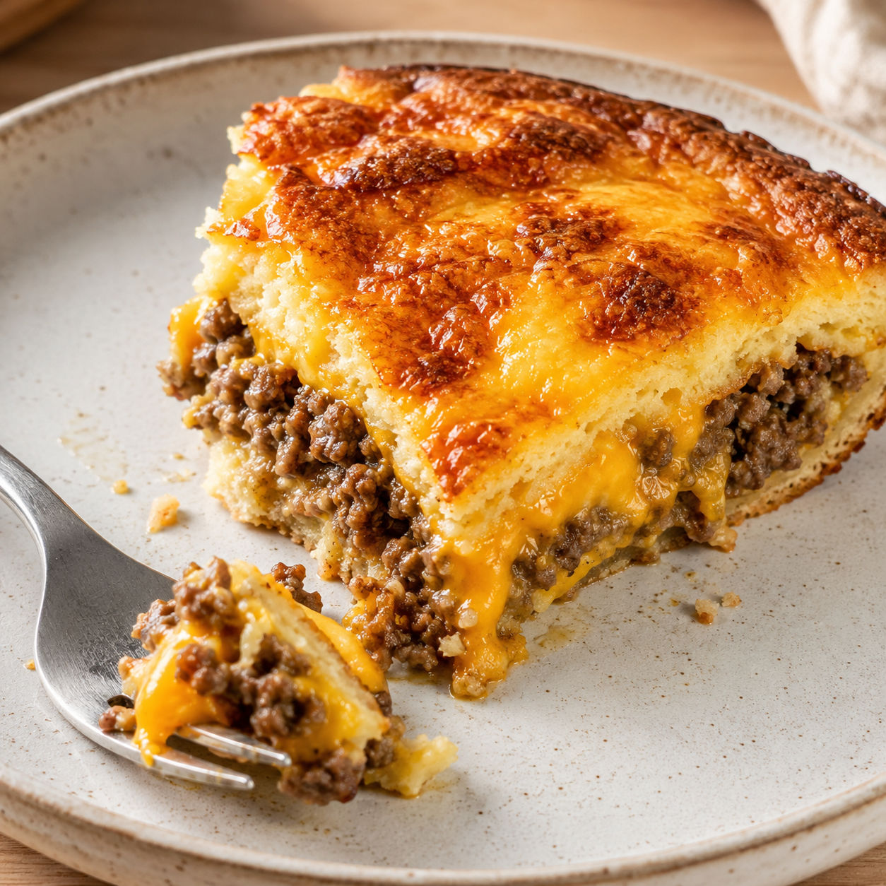 Golden baked cheeseburger pie with cheddar and Bisquick crust, wedge cut on a white plate
