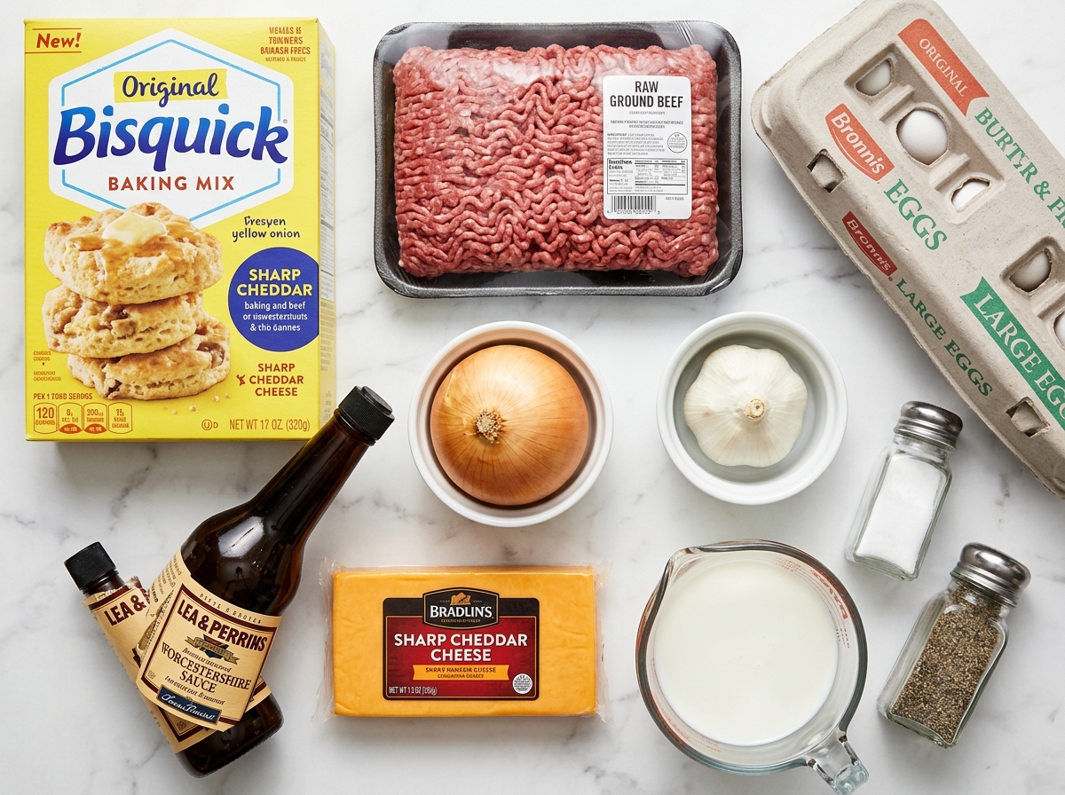 Raw ingredients for cheeseburger pie including ground beef, cheddar, Bisquick, and eggs