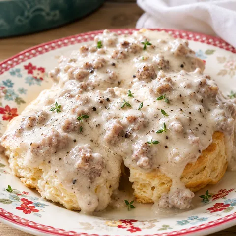 Creamy sausage gravy over split buttermilk biscuits with black pepper