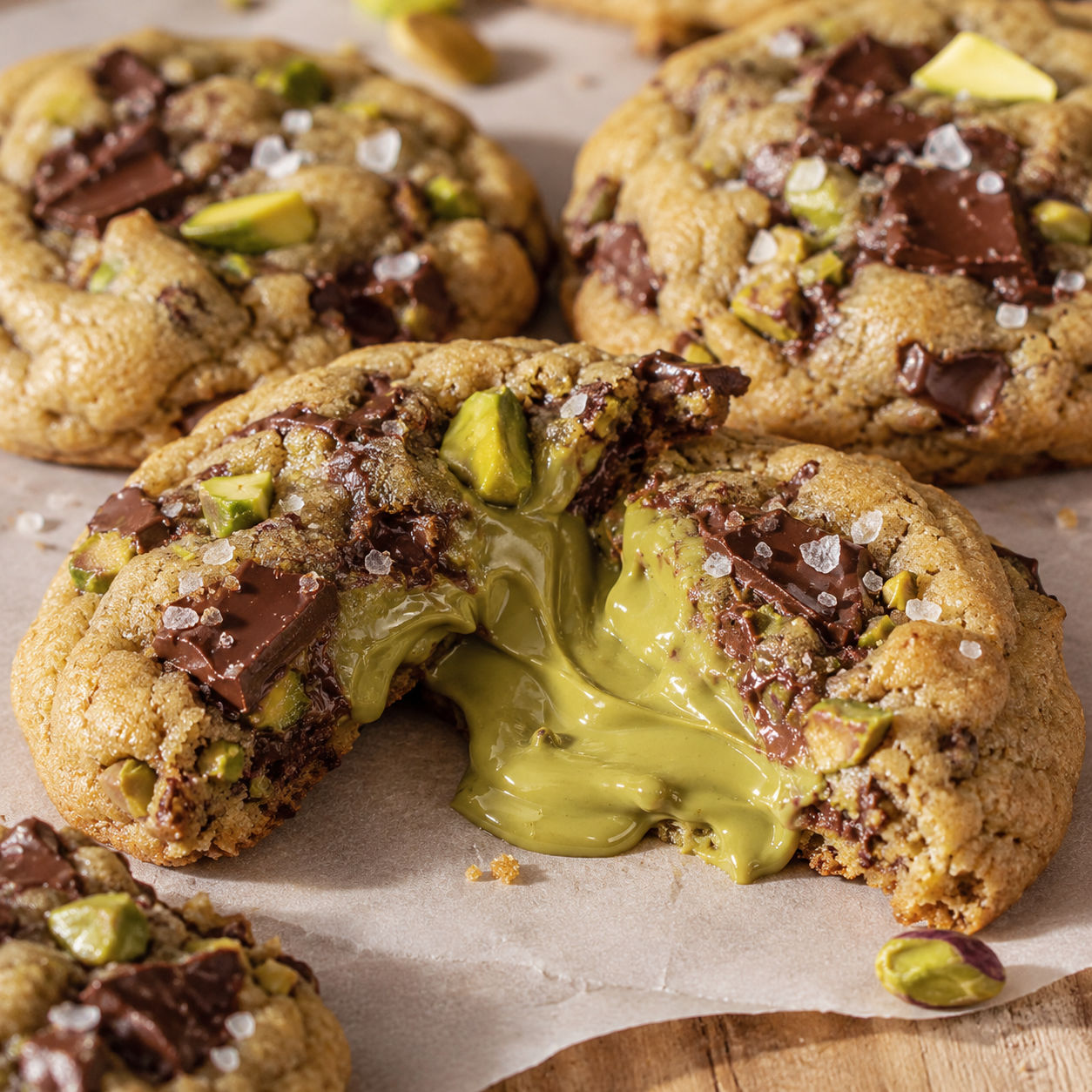 Pistachio cream cookies with chocolate chunks and green pistachio filling
