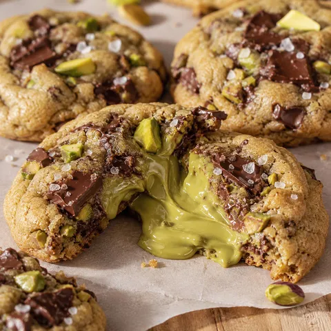 Pistachio cream cookies with chocolate chunks and green pistachio filling
