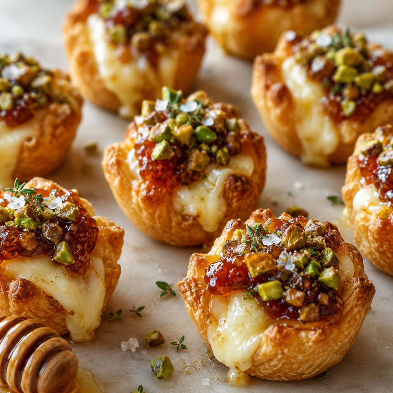 Pistachio brie bites with fig honey glaze on a small platter
