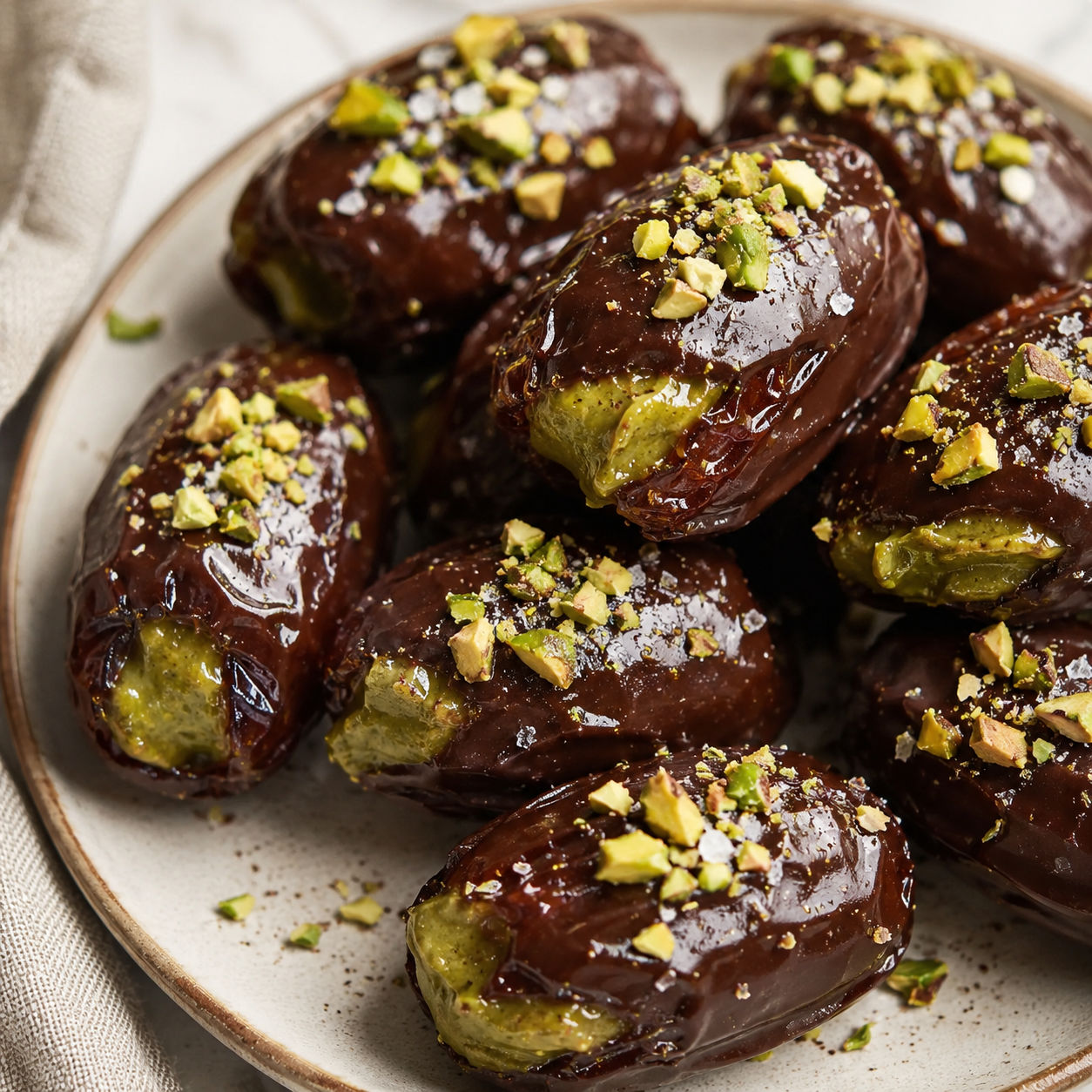 Chocolate dipped dates with pistachio filling and chopped pistachios