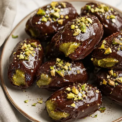 Chocolate dipped dates with pistachio filling and chopped pistachios