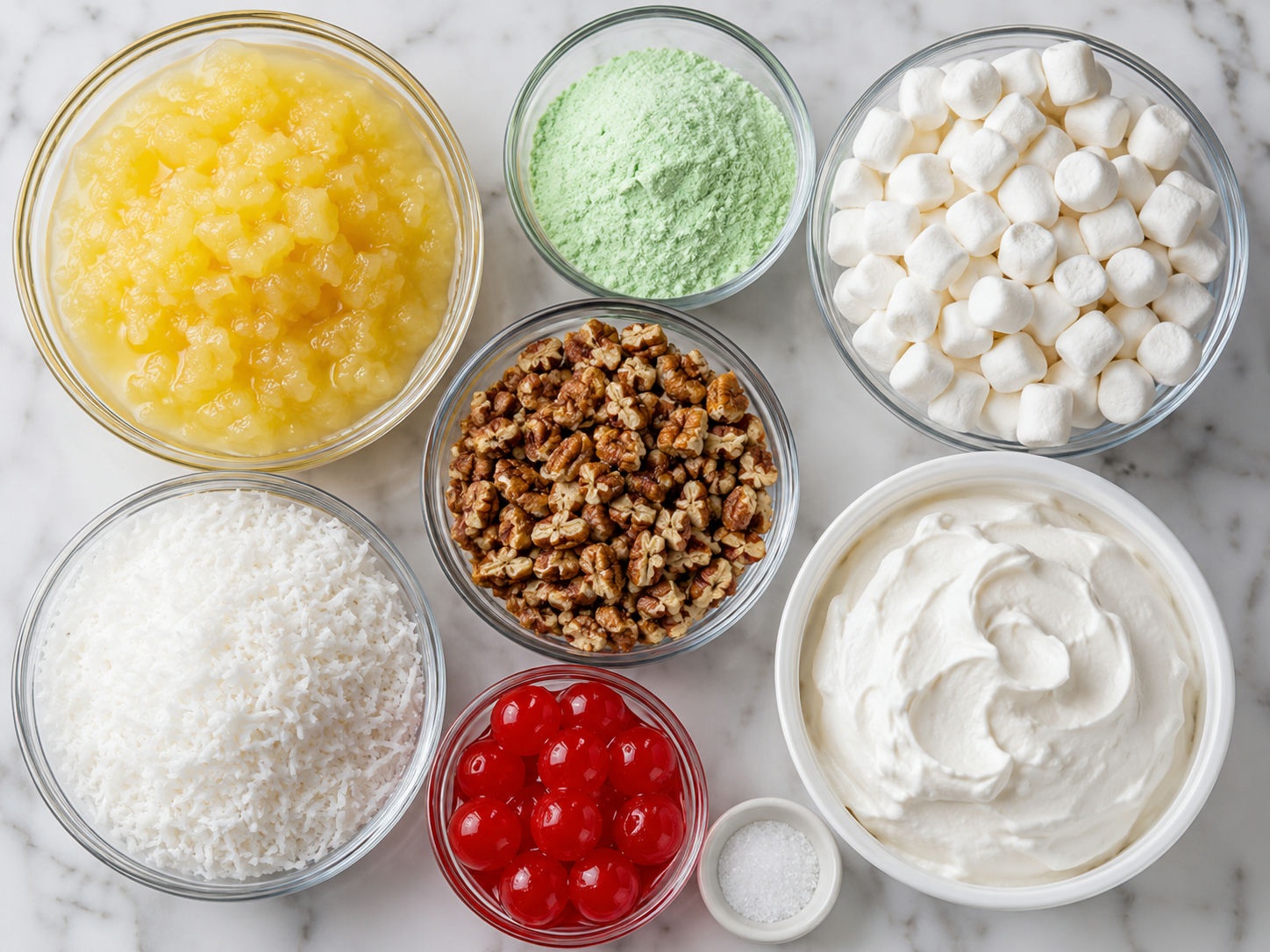 Ingredients for pistachio pineapple fluff arranged on a kitchen table
