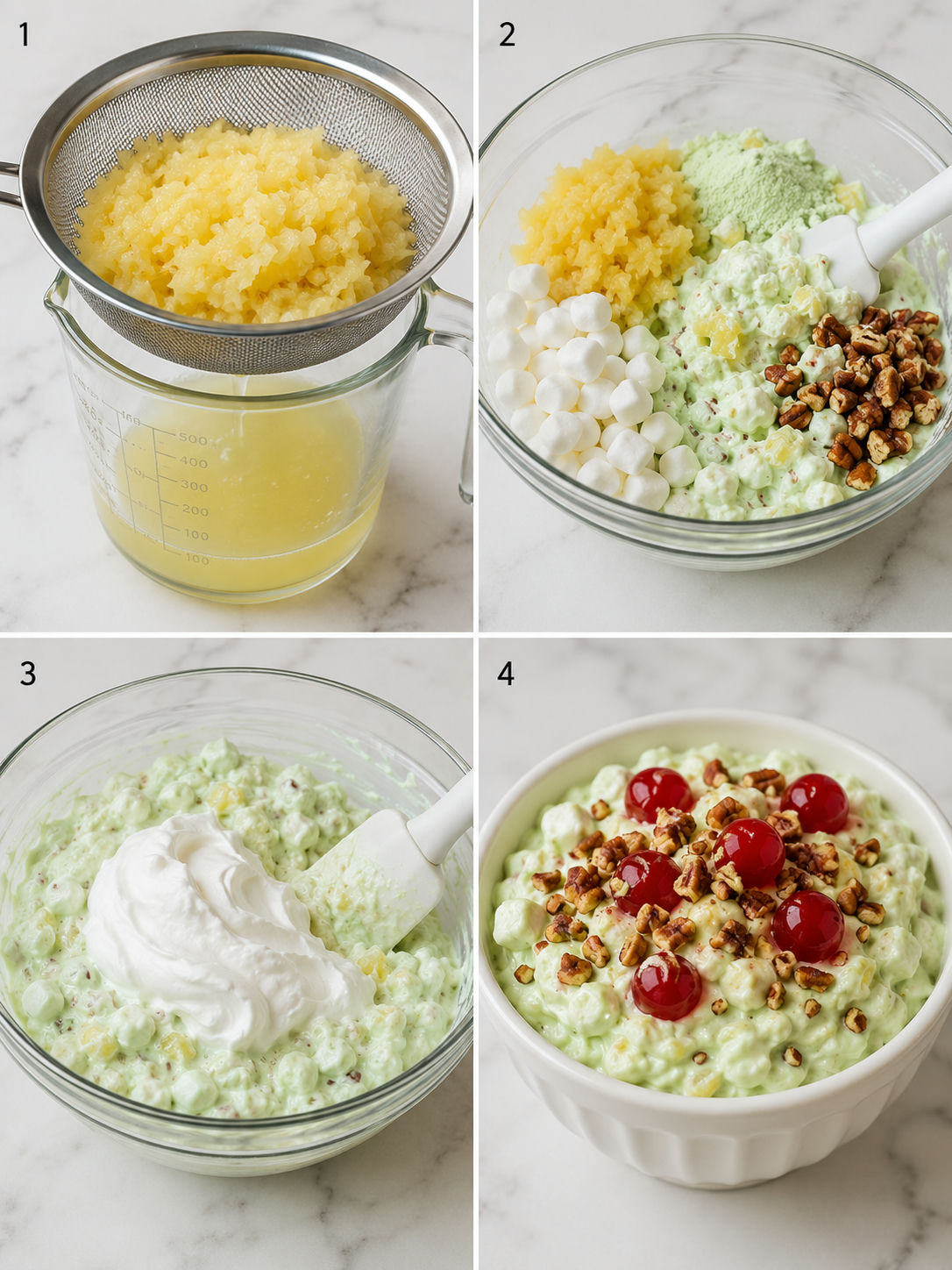 Four steps for making pistachio pineapple fluff in a glass bowl