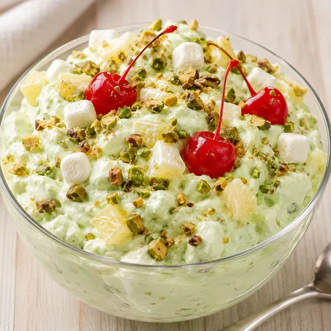 Pistachio pineapple fluff with marshmallows, pistachios, and cherries