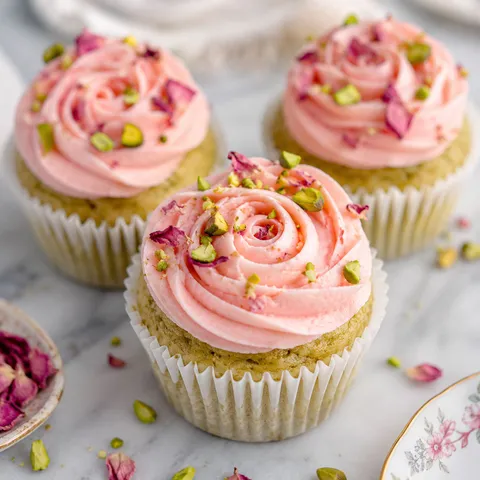 Pistachio rose vegan cupcakes with pink buttercream and chopped pistachios