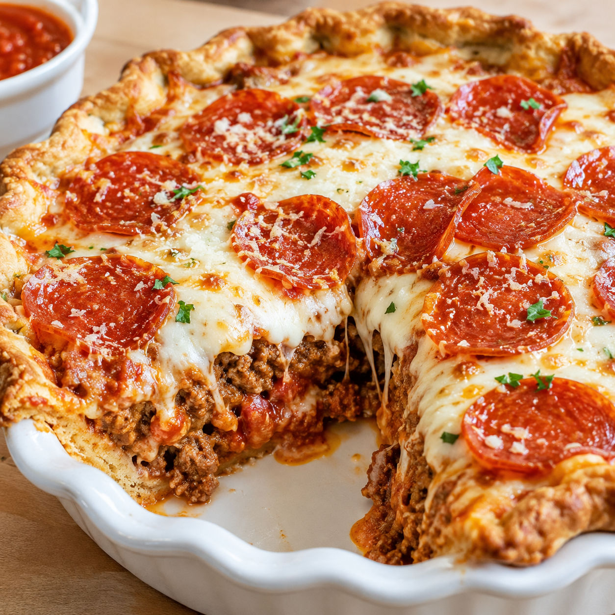 Pizza Burger Pie with melted mozzarella and pepperoni in a white pie dish