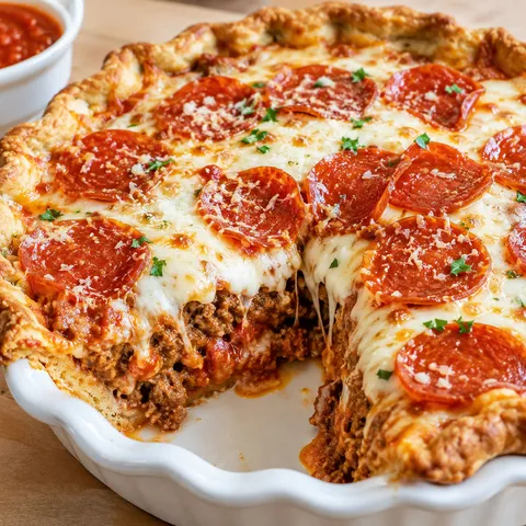 Pizza Burger Pie with melted mozzarella and pepperoni in a white pie dish