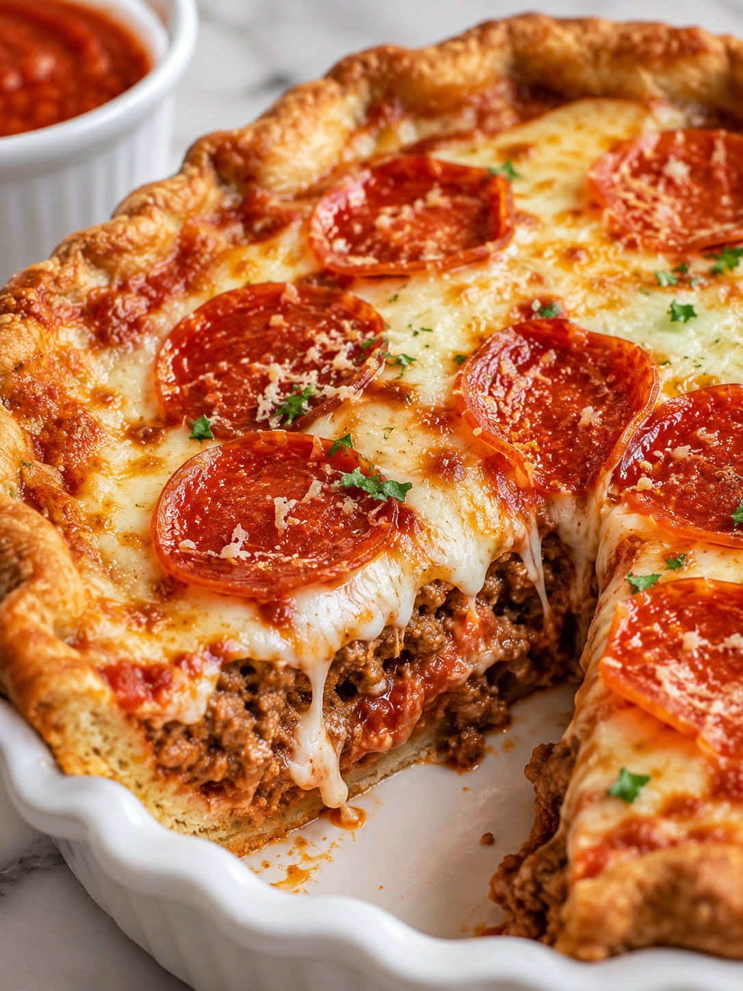 Pizza Burger Pie, plated and served