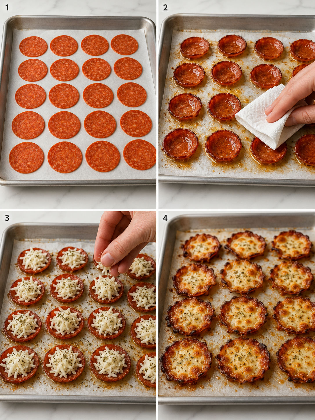 Four cooking steps for pepperoni pizza chips from raw slices to finished cheesy crispy chips