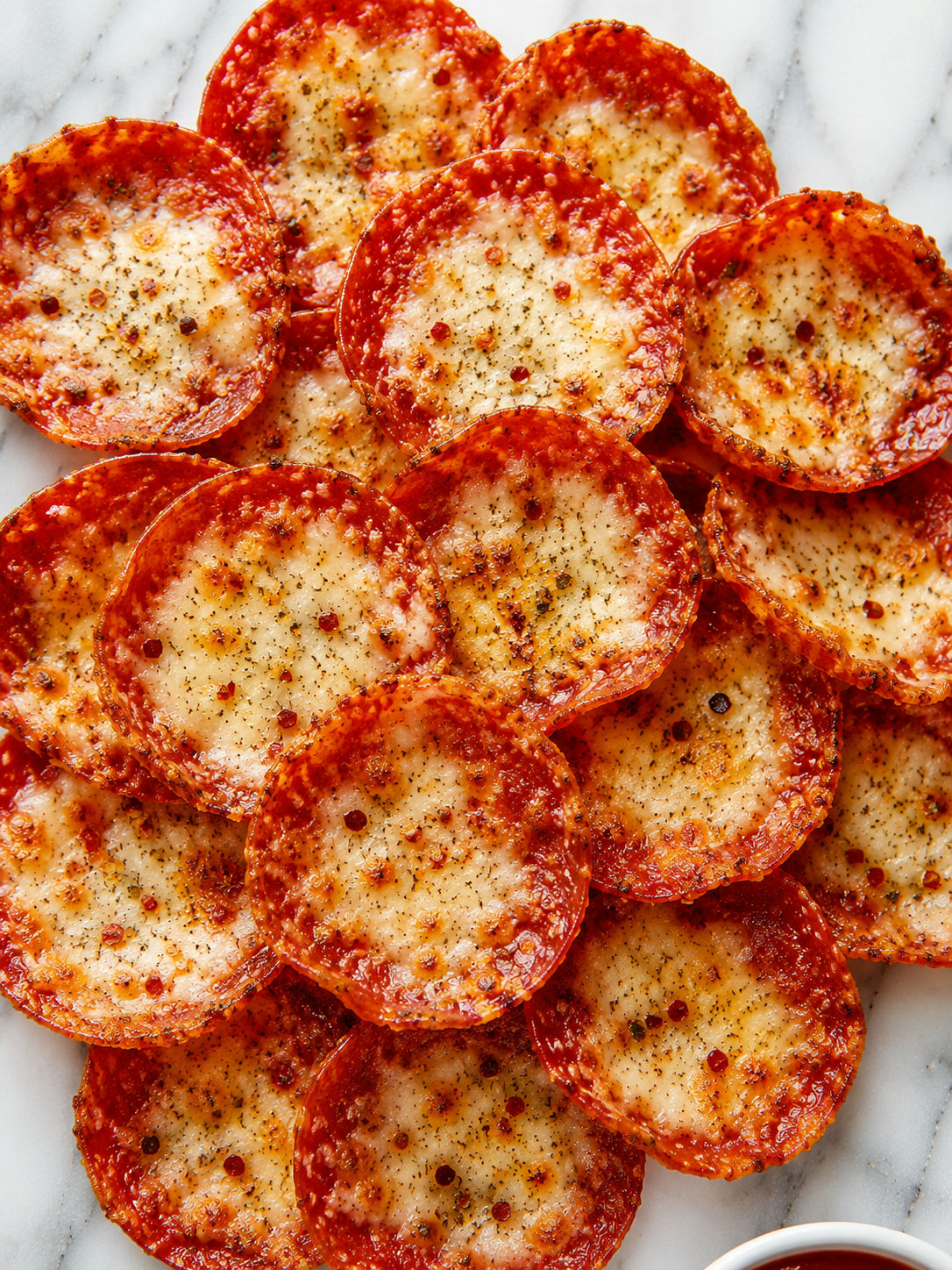 Overhead view of crispy cheesy pepperoni pizza chips piled on a plate with marinara
