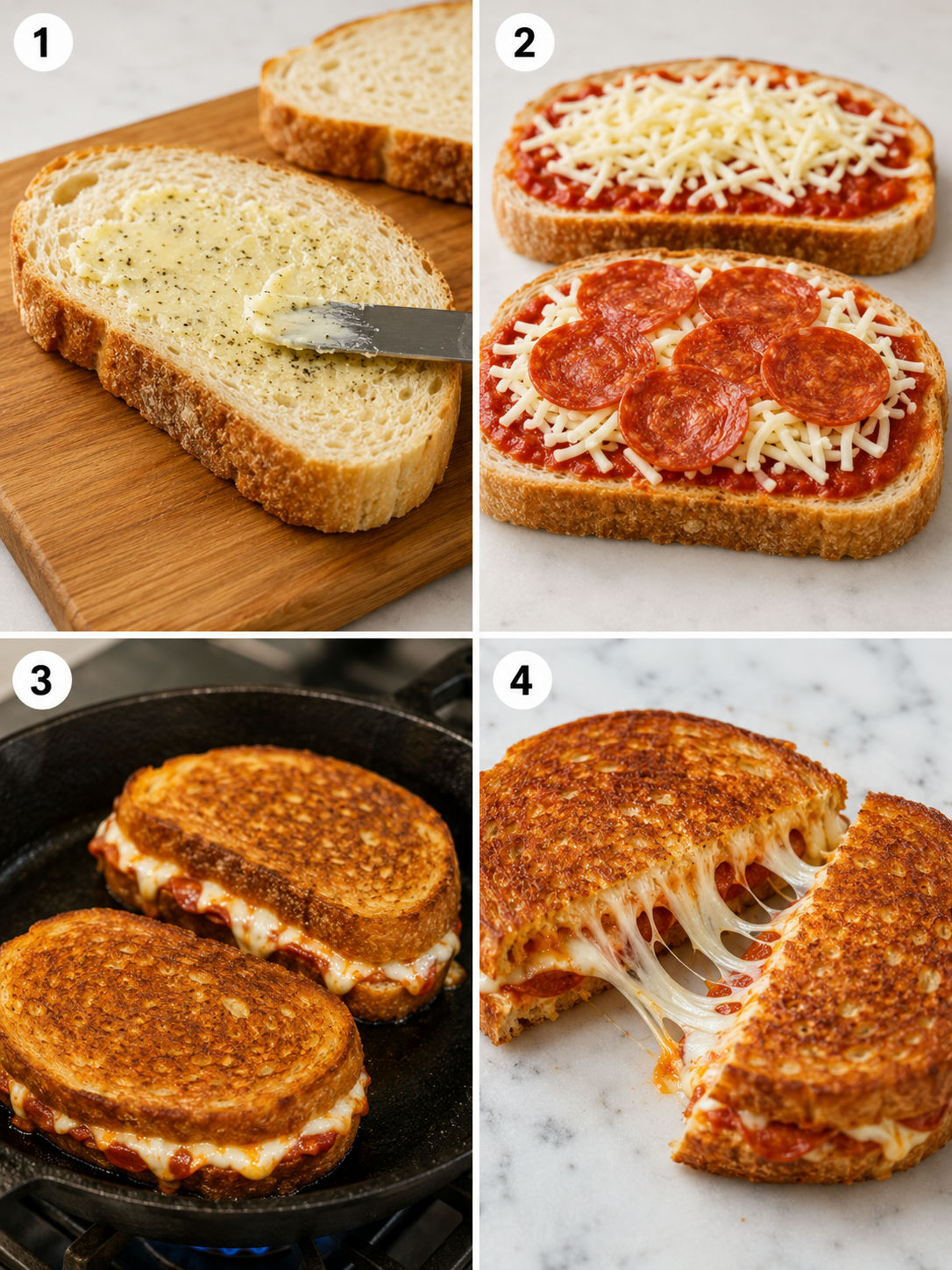 Four-step grid showing how to make pizza grilled cheese from buttering bread to slicing the finished sandwich