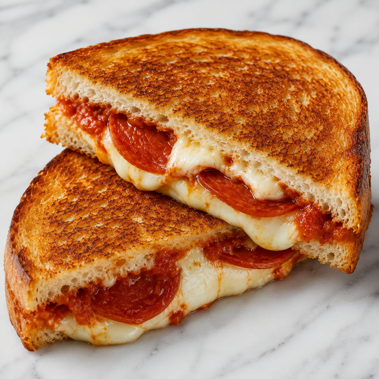 Top-down pizza grilled cheese sandwich halves showing mozzarella cheese pull, pepperoni, and marinara