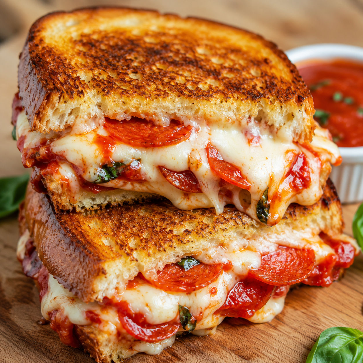 Pizza Grilled Cheese with pepperoni, melted mozzarella, and marinara dip