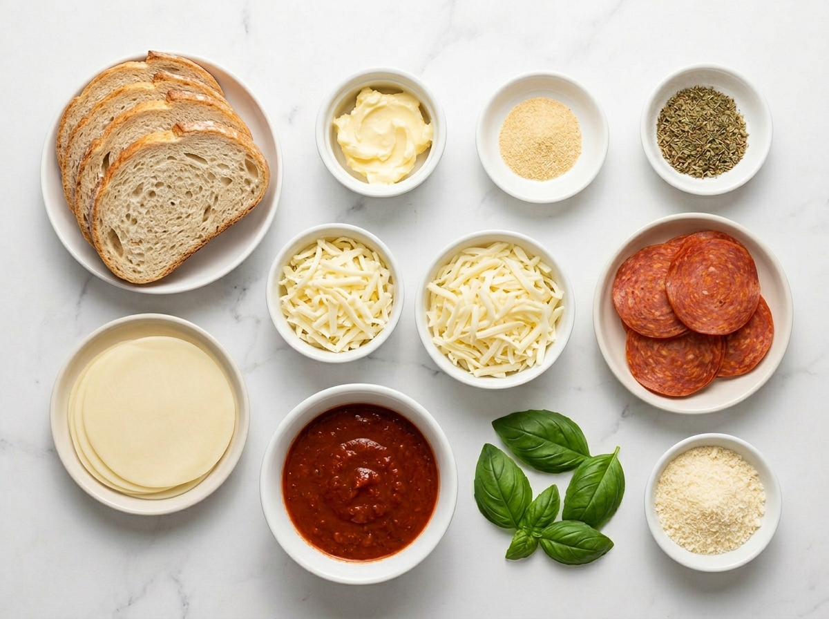 Ingredients for Pizza Grilled Cheese with bread, cheese, pepperoni, and marinara