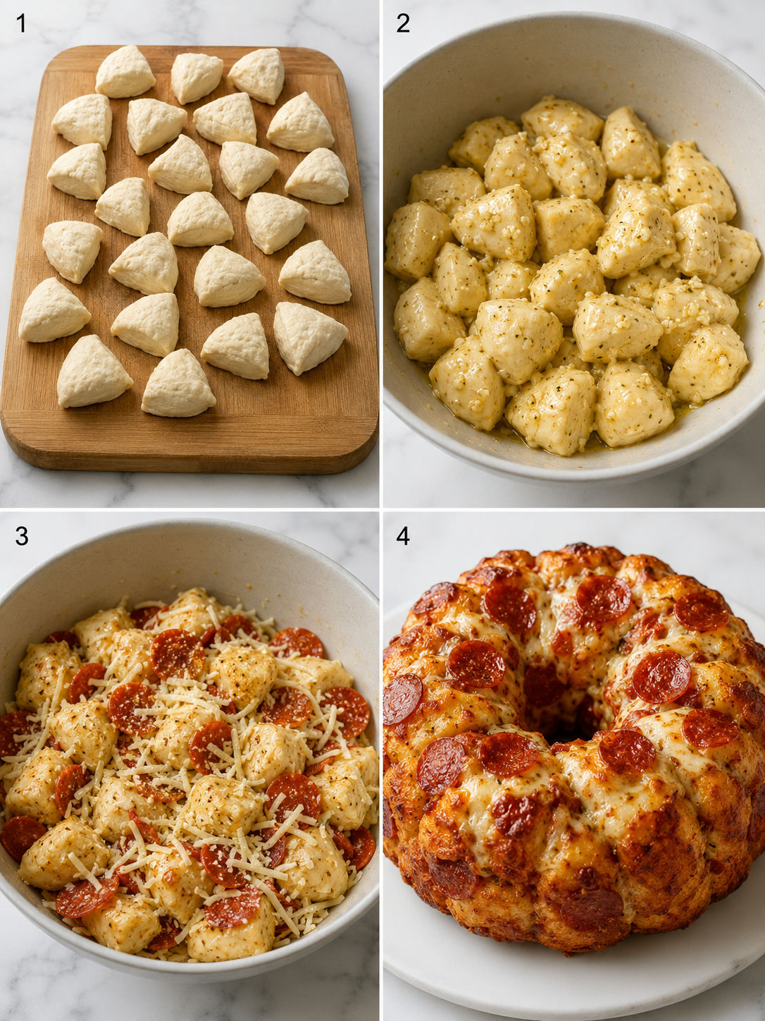 Four steps for making pizza monkey bread from dough cutting to baked loaf
