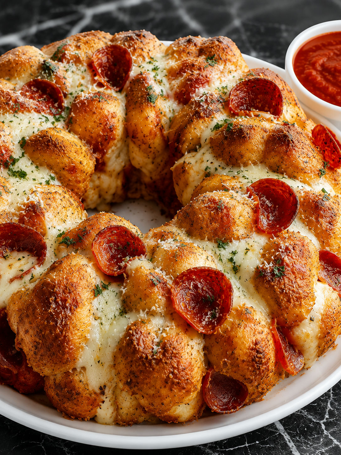 Pizza monkey bread with golden biscuit pieces, pepperoni, mozzarella, and marinara