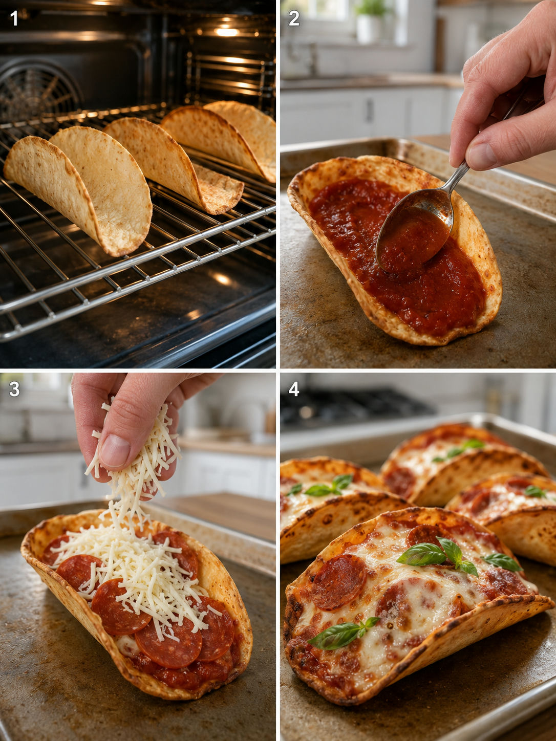Four cooking steps for pizza pepperoni tacos from tortilla shell to finished