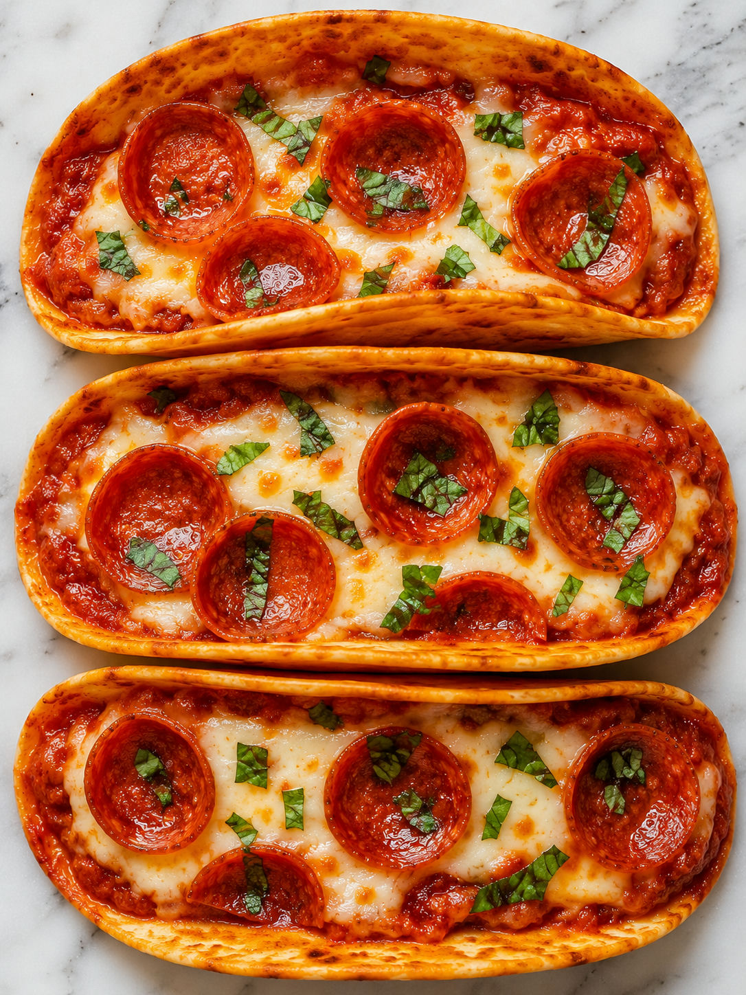 Top-down view of pizza pepperoni tacos with bubbly mozzarella and basil