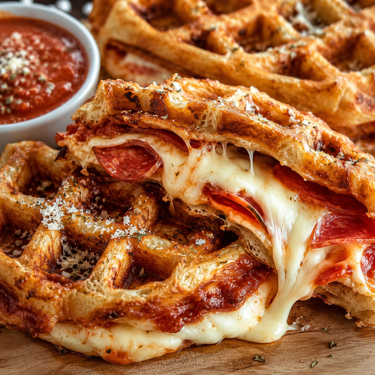 Pizza stuffed waffles with mozzarella, pepperoni, and marinara dip