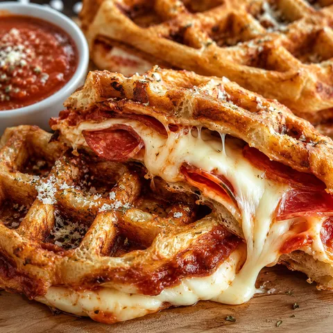 Pizza stuffed waffles with mozzarella, pepperoni, and marinara dip