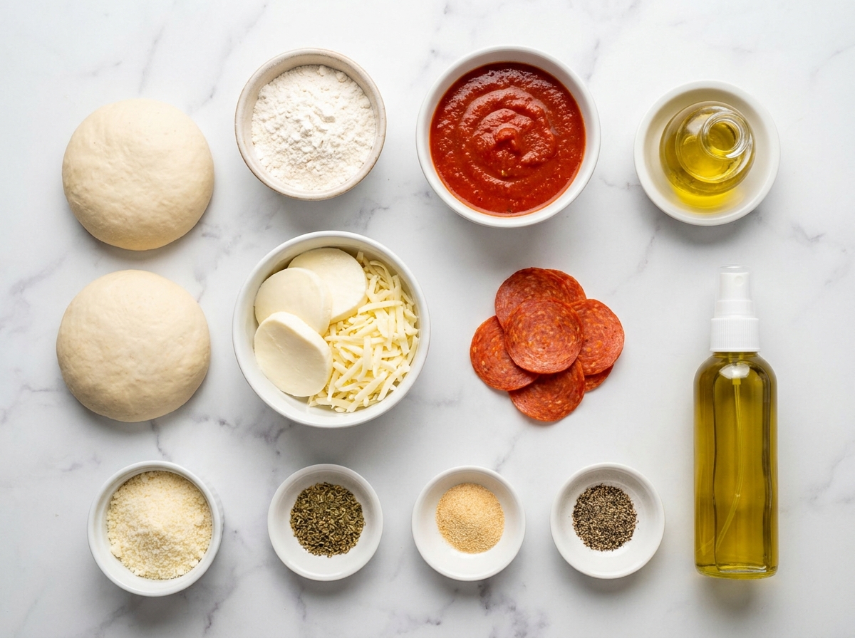 Ingredients for pizza stuffed waffles with mozzarella and pepperoni