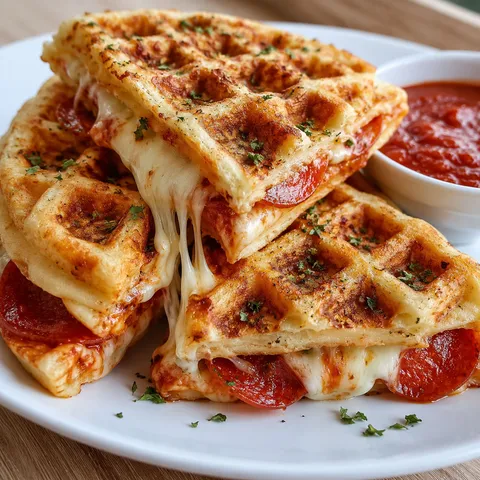 Pizza stuffed waffles with pepperoni, melted mozzarella, and marinara