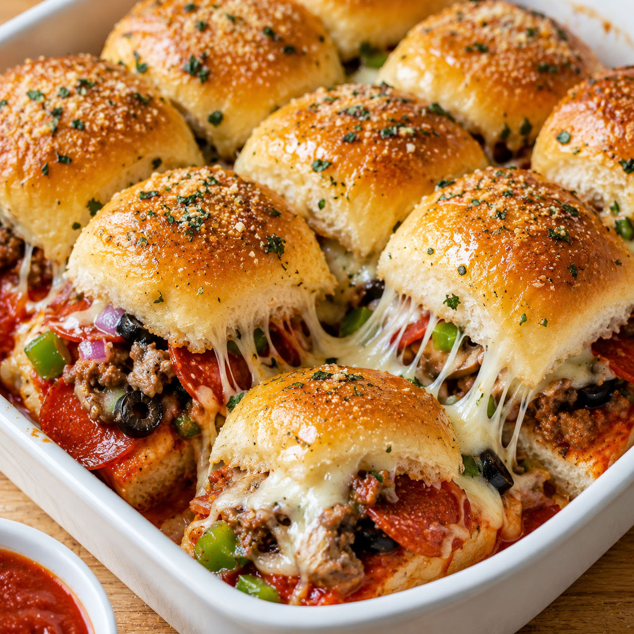 Pizza Supreme Sliders with melted cheese, pepperoni, sausage, peppers, and olives