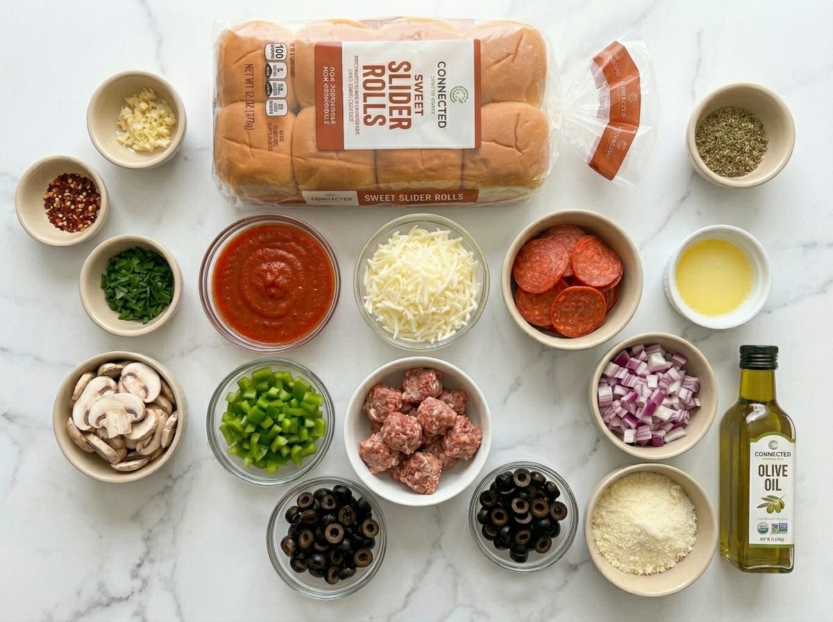 Ingredients for Pizza Supreme Sliders with rolls, pepperoni, cheese, sausage, and vegetables