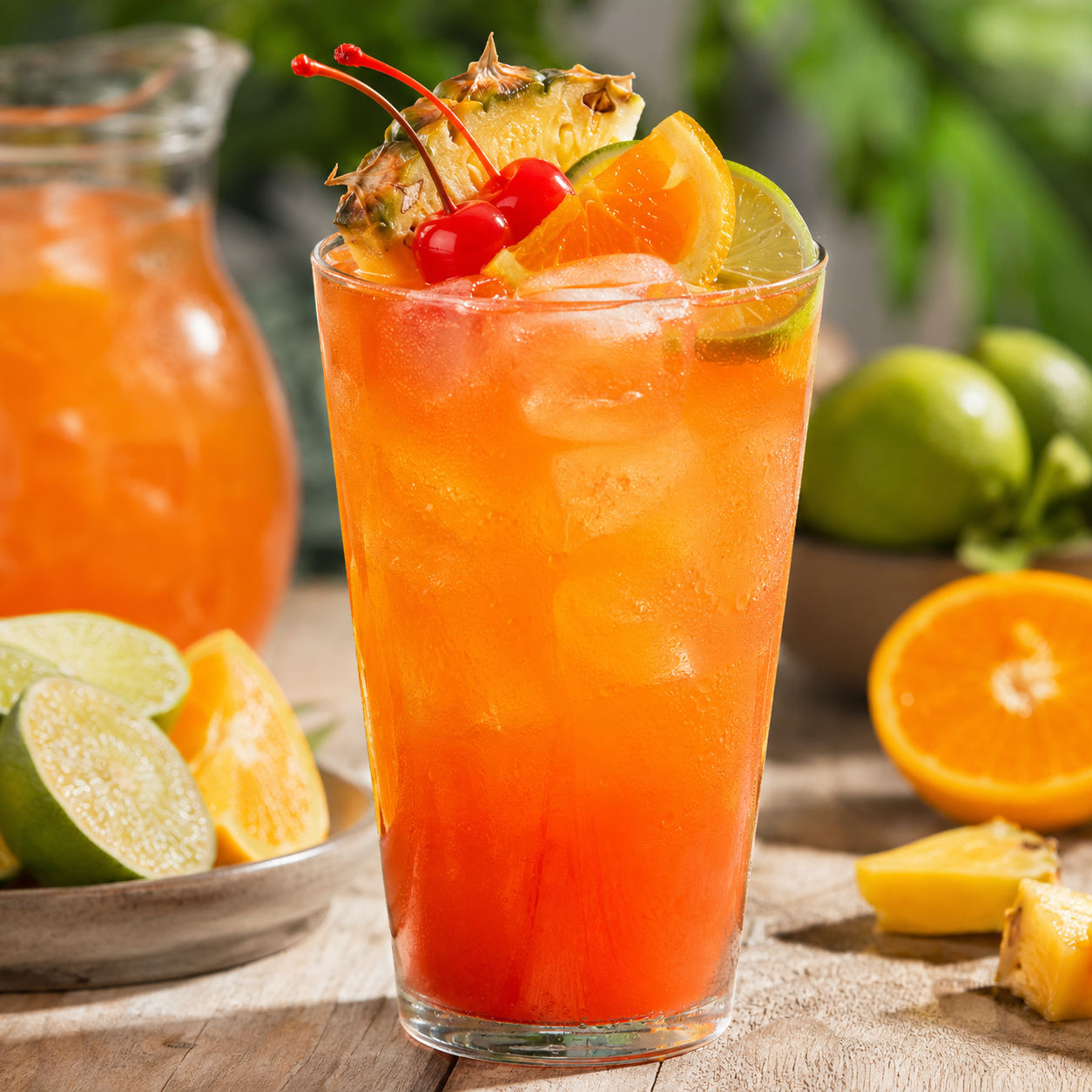 Planters Punch with citrus, pineapple, cherries, and ice in a tall glass
