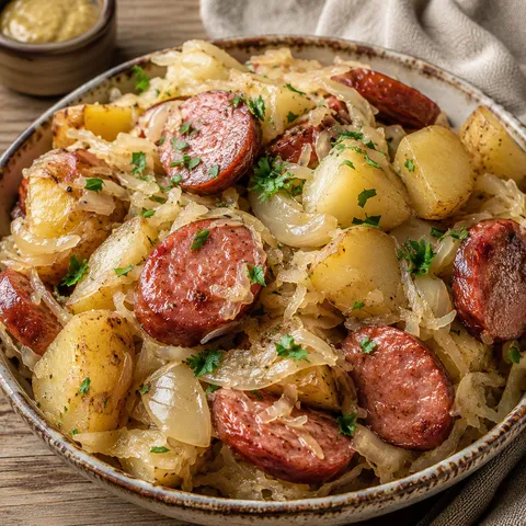 Polish sausage with sauerkraut, potatoes, onions, and parsley