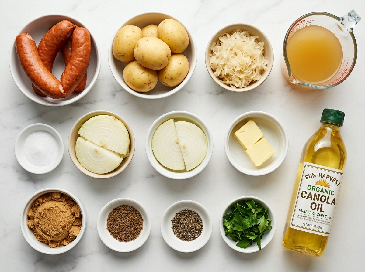 Ingredients for Polish sausage sauerkraut and potatoes on a wood surface