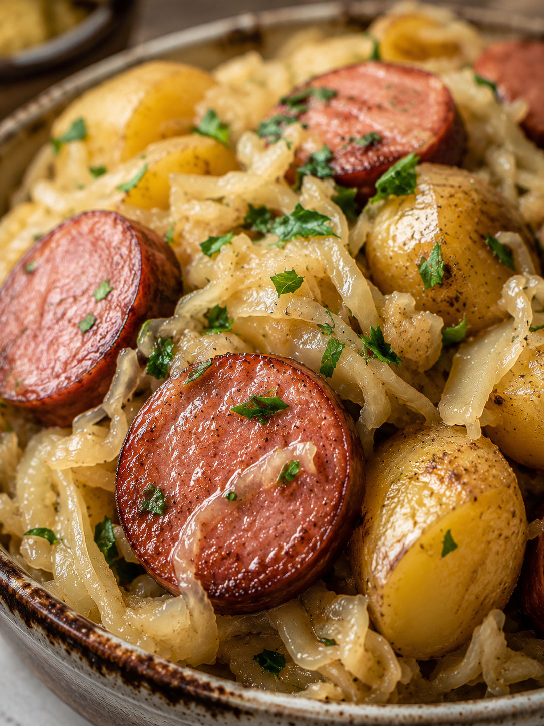Polish Sausage, Sauerkraut, and Potatoes, plated and served