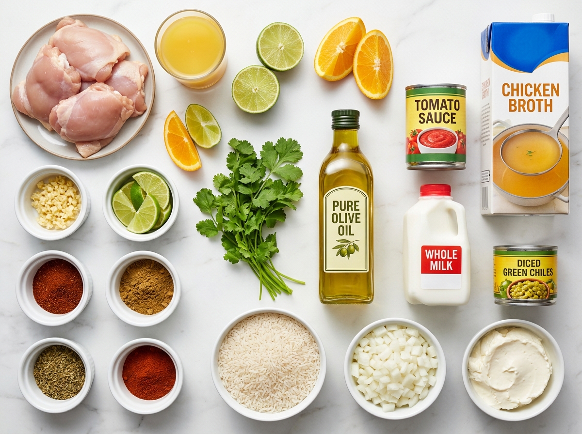 Ingredients for Pollo Loco chicken, rice, queso, citrus, and spices