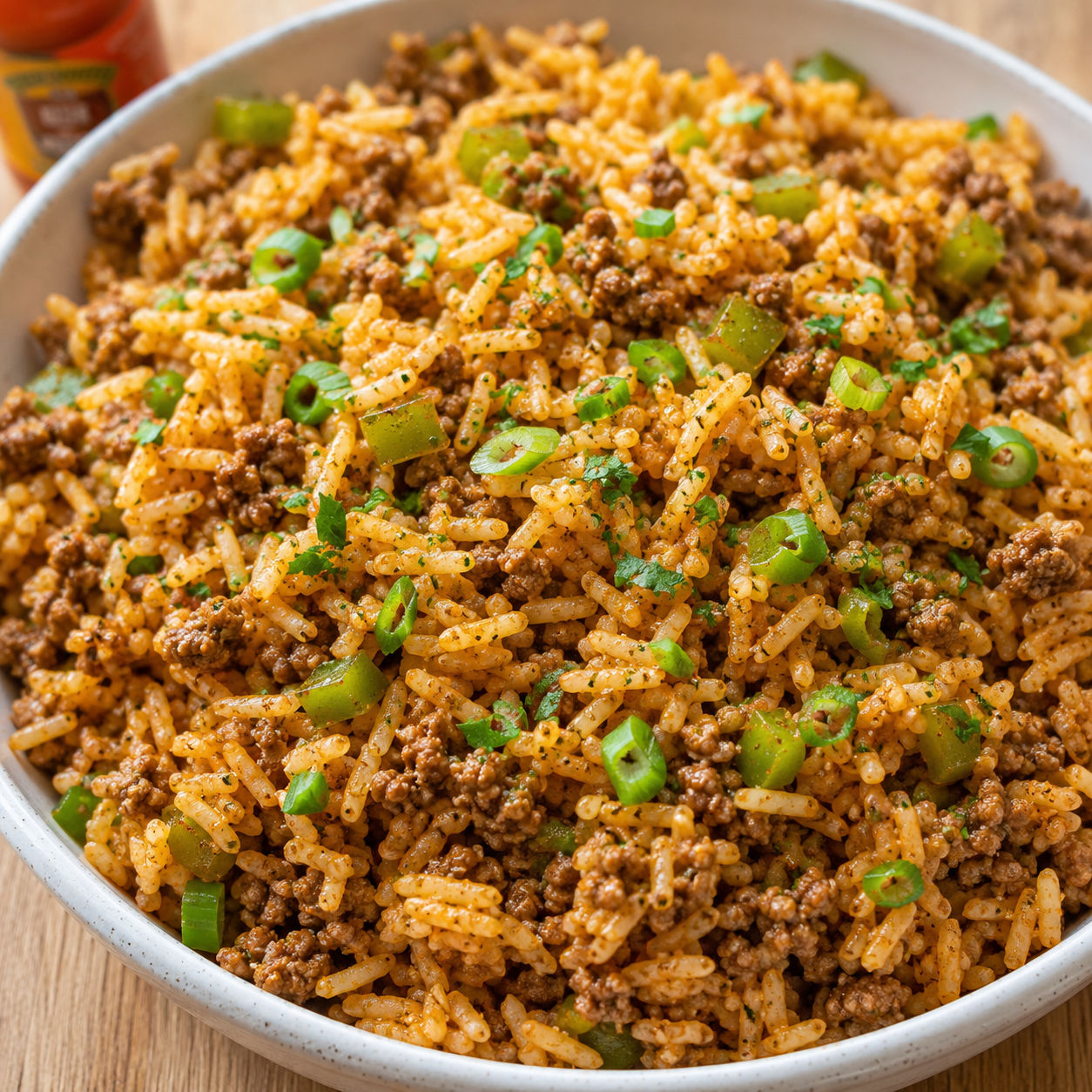 Popeyes-style Cajun rice with ground beef and green onions in a white bowl