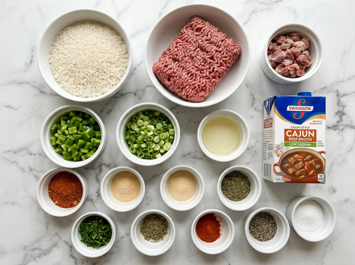 Ingredients for Cajun rice with ground beef, rice, peppers, spices, and broth