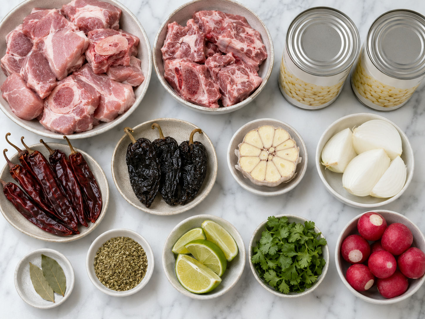 Raw ingredients for pork pozole rojo including dried guajillo chiles, pork shoulder, and hominy on a wood board