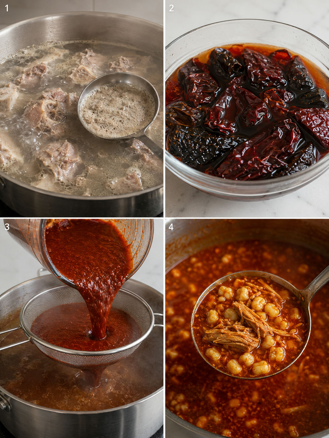 Four-panel grid showing key steps of making pork pozole rojo from skimming broth to straining chile sauce and adding hominy