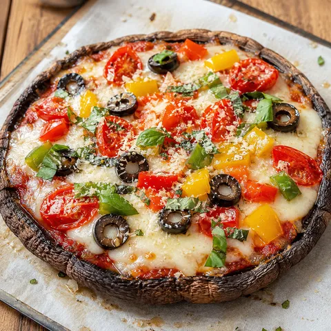 Baked portobello mushroom cap topped with melted mozzarella, marinara, and fresh vegetables