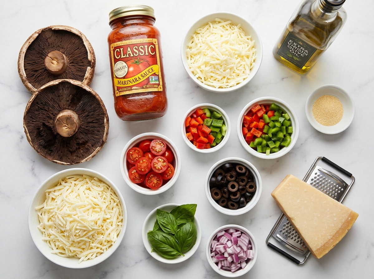 Raw ingredients for portobello mushroom pizza including caps, cheese, and fresh toppings