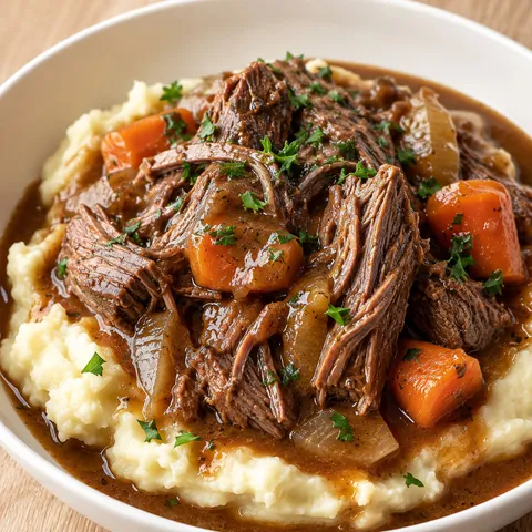 Pot roast with brown gravy over creamy mashed potatoes and carrots