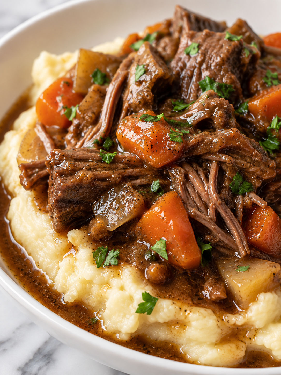 Pot Roast Over Mashed Potatoes, plated and served