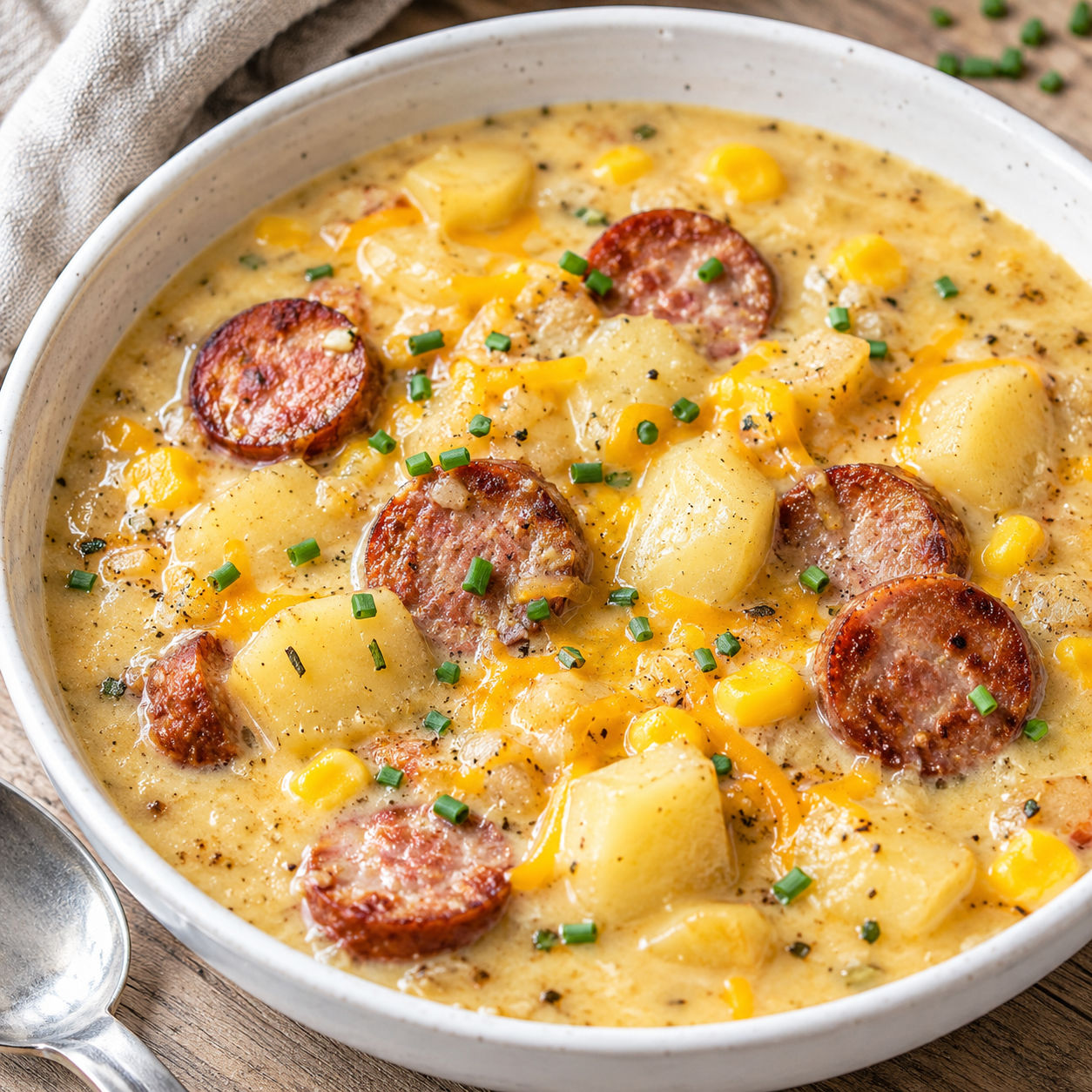 Creamy potato and sausage chowder with corn and chives in a white bowl
