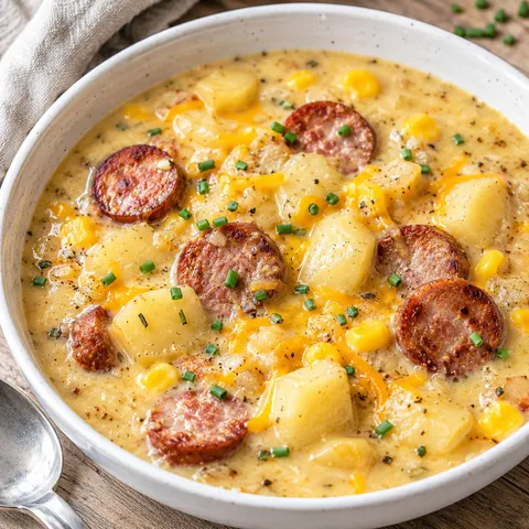 Creamy potato and sausage chowder with corn and chives in a white bowl