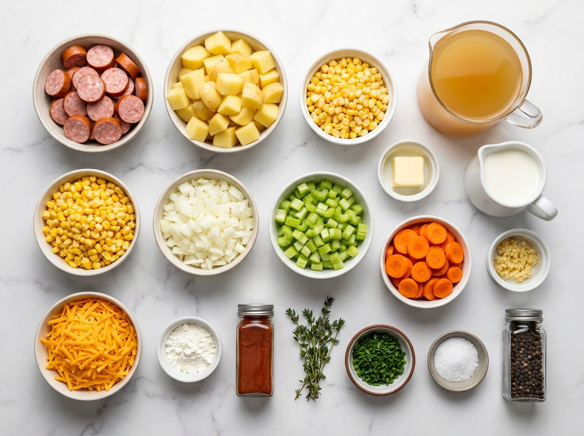 Ingredients for potato and sausage chowder arranged on a wooden surface