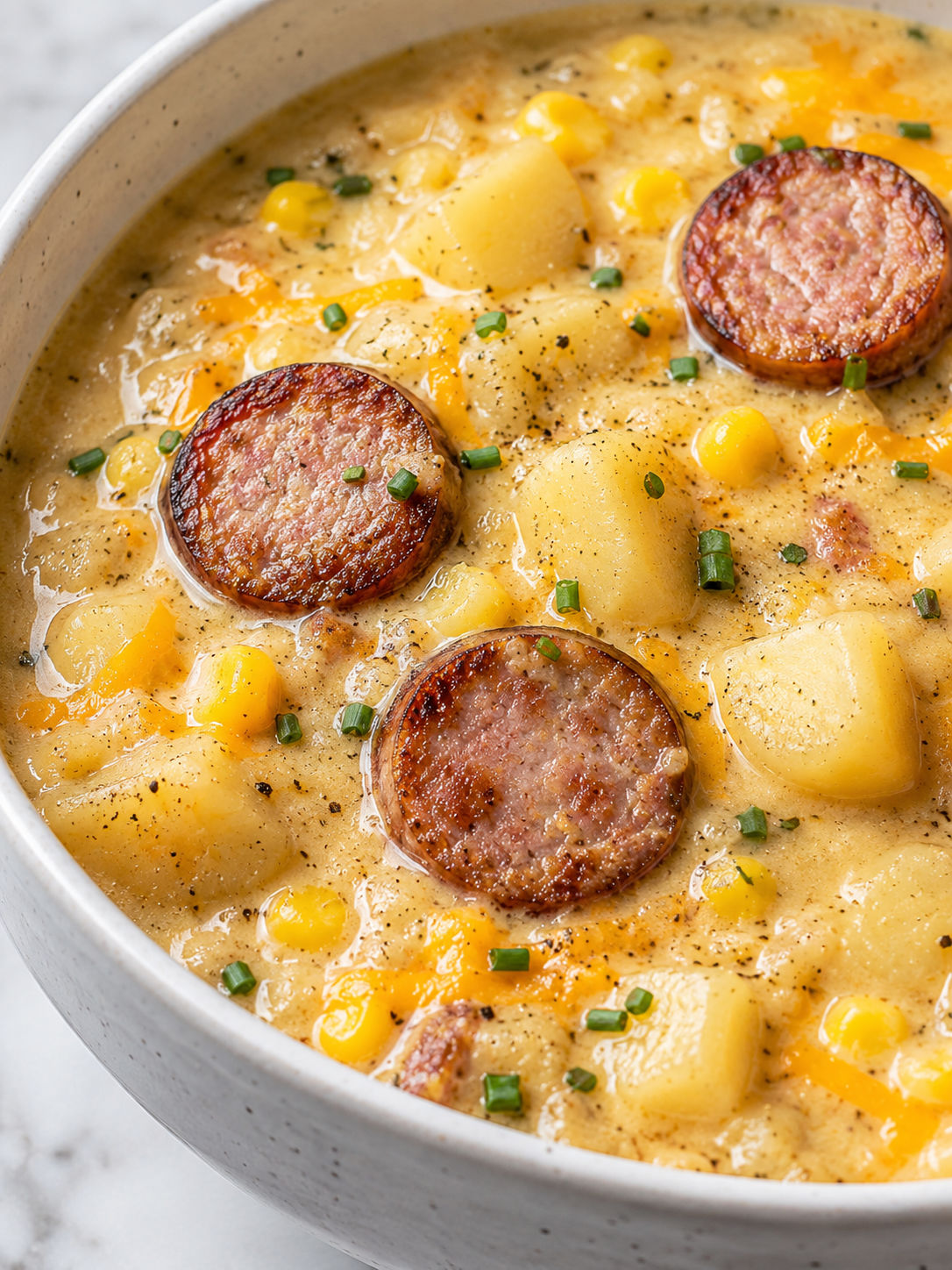 Potato and Sausage Chowder, plated and served